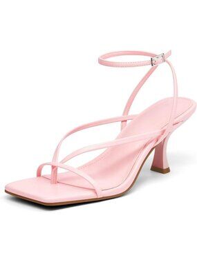 Women's Pink Leather Lace Up Square Flip Flop High Heels Strappy Sandals
